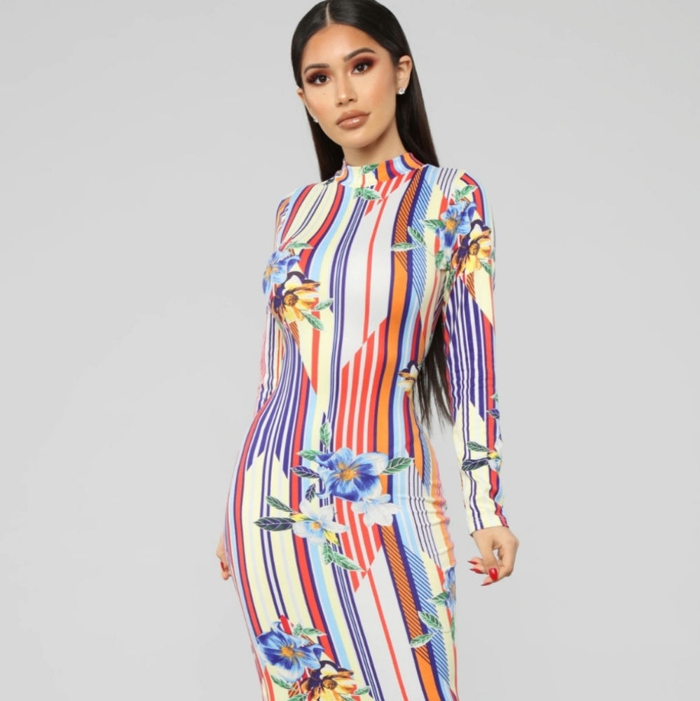 4. Fashion Nova- Multicolored midi ruched backless dress